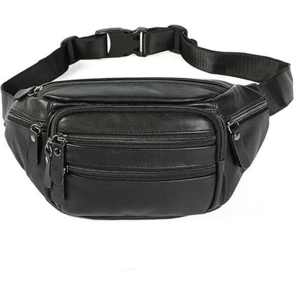 Black Leather Fanny Pack for Men & Women, Fashionable Multi-Pockets Waist Belt - Picture 7 of 14